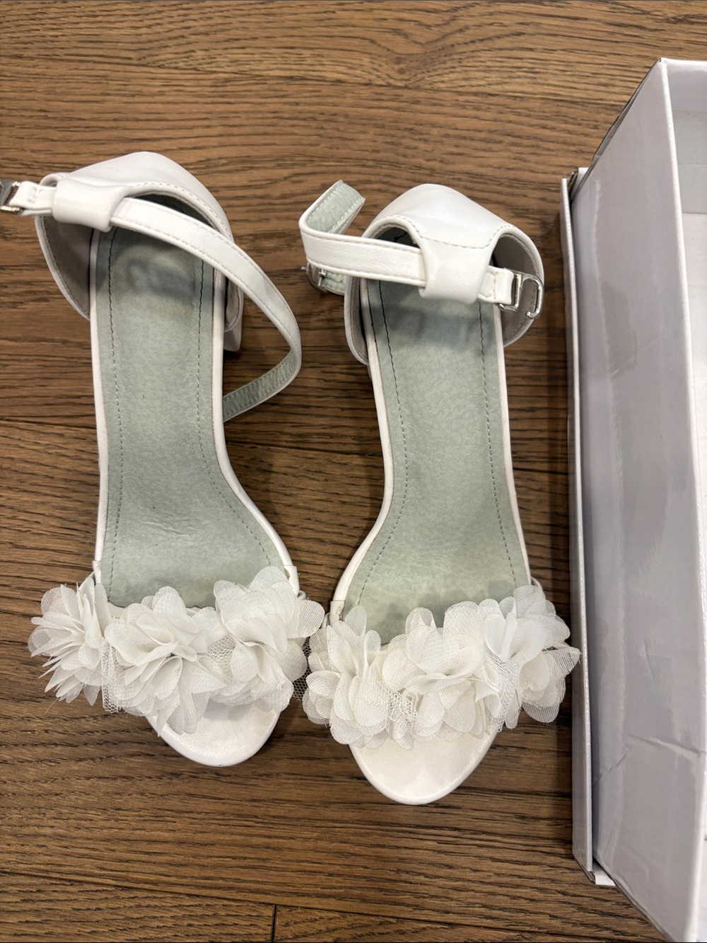 Women's White Floral Ankle-Strap Heels with Flower Applique.Perfect wedding shoe